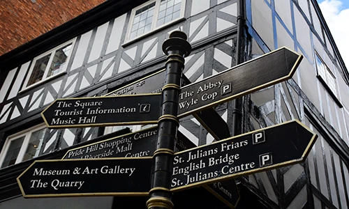Signpost infront of timber framed building in Shrewsbury