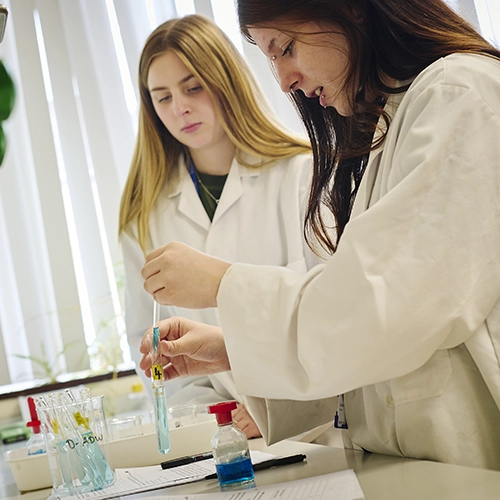 Two students in a lab conducting an experiment