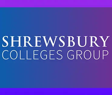 The college logo on a purple and blue background