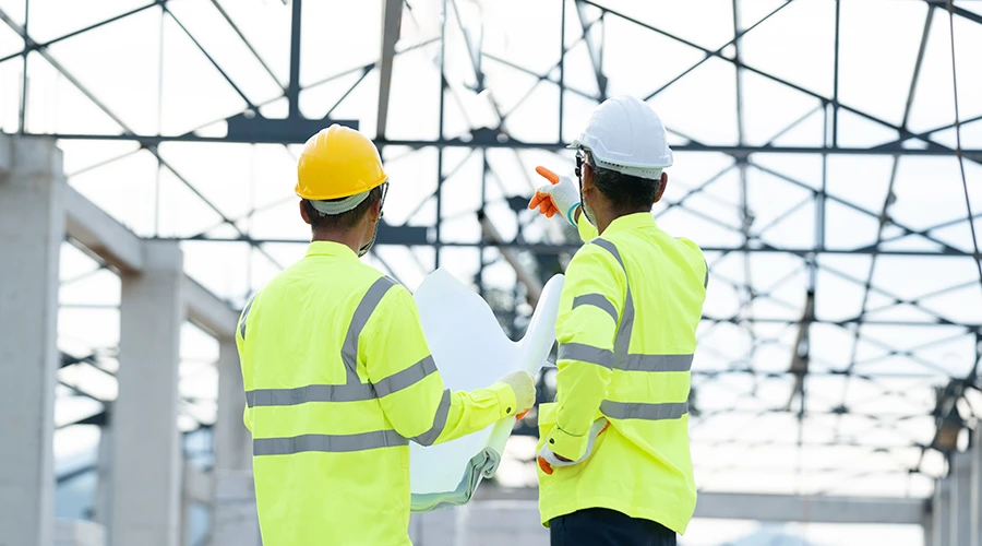 two men with hard hats looking through window